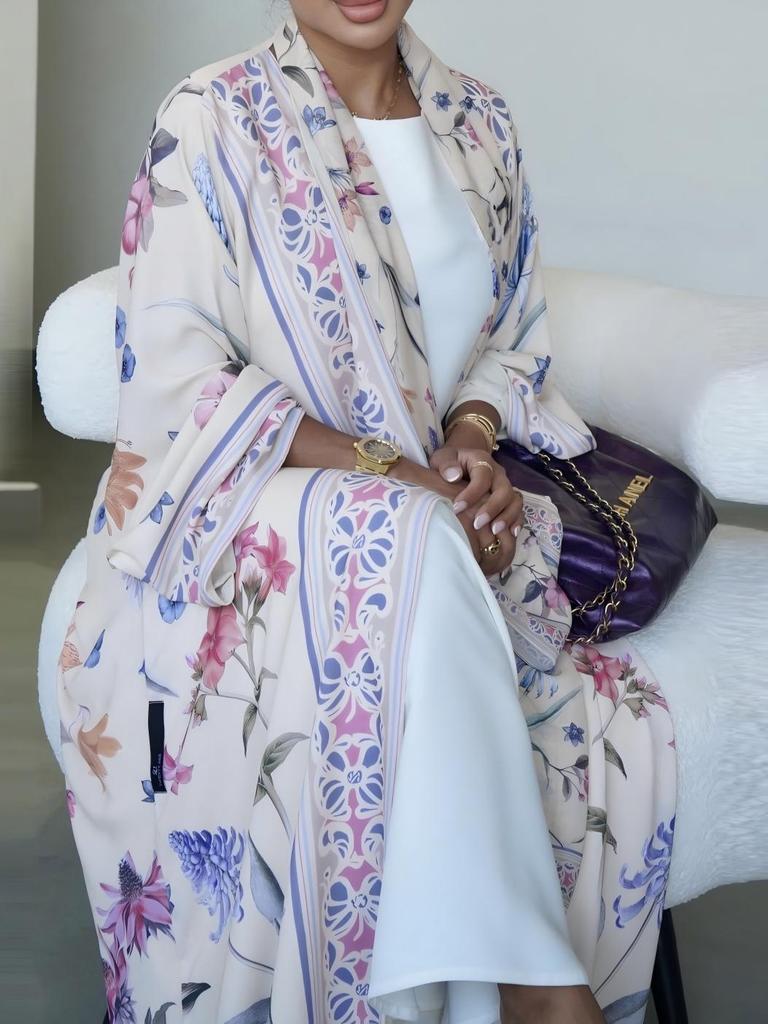 Floral Long Dress & Headscarf Two-Piece Cardigan Set