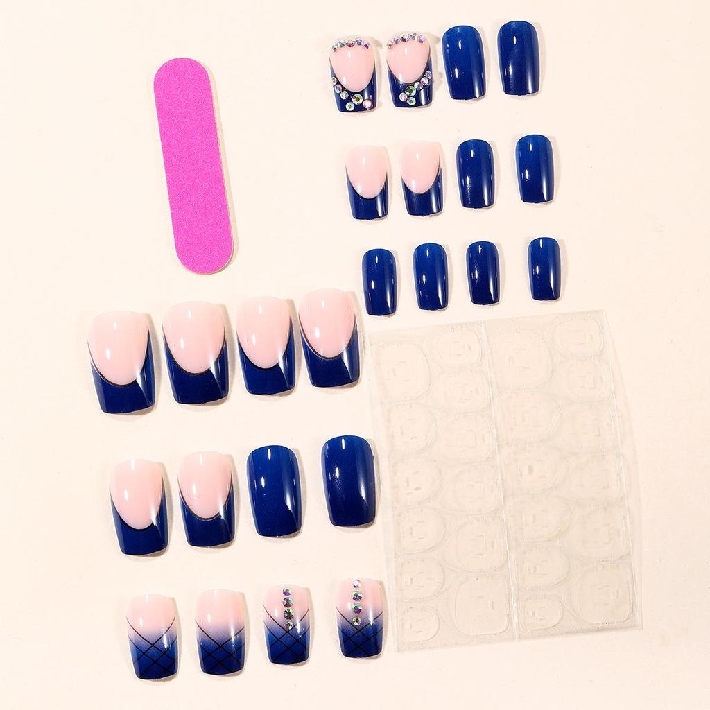 Sada 24 modrých čtvercových umělých nehtů s kamínky v evropském a americkém stylu
