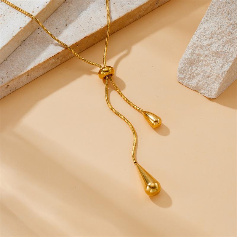 Fashion Minimalist Drop Shape Pull Chain Earring and Necklace Set Vintage Metallic Adjustable Design