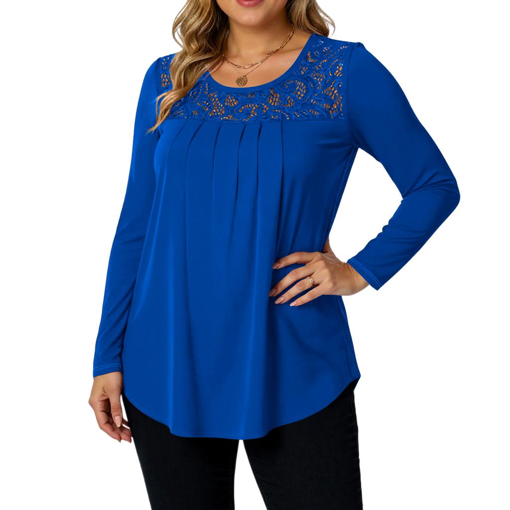 Ladies' Casual And Fashionable Round Neck Collar Lace Long Sleeved Solid Color T-shirt Plus Size Top