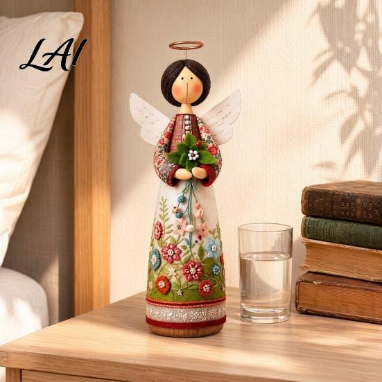 Vintage Floral Figurine Ornament Hand Carved Flower Angel Statue Decorative Fine Carving Ornament Home Table Decoration for Living Room Bedroom