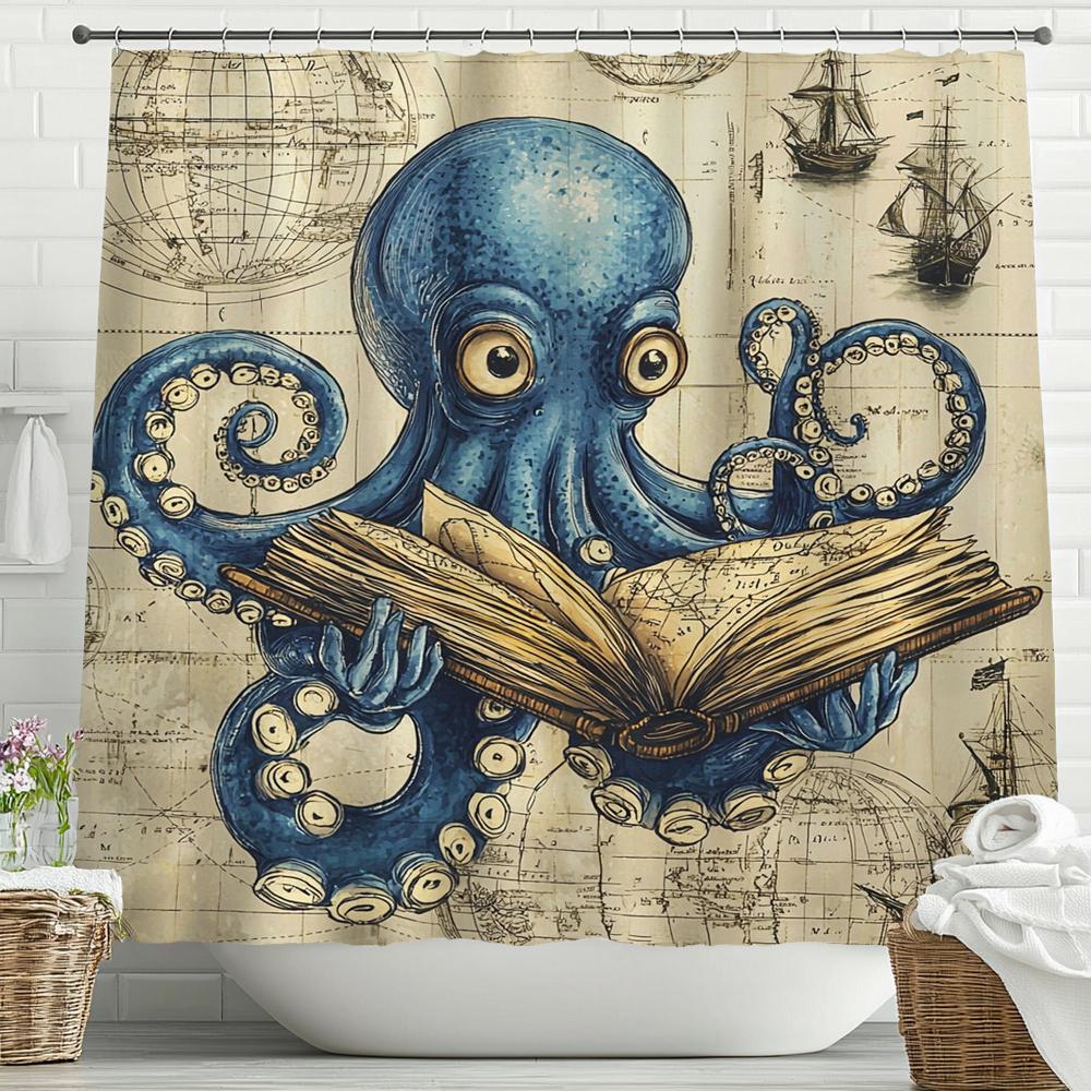 

Fun And Nautical Octopus Reading Books Shower Curtain, Bathroom Decorative Shower Curtain, Waterproof Shower Curtain With Hooks W60H190(CM)-1 Pcs