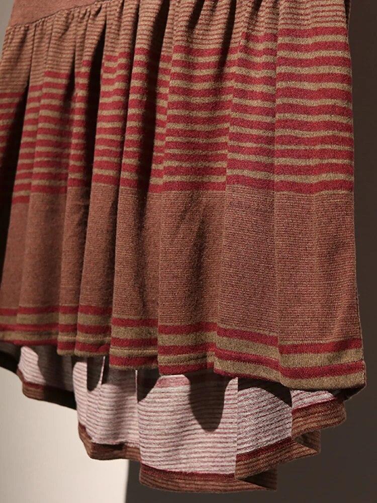 Xitao Pleated Knitted Dress Women Fashion Turtleneck Striped Casual Dress ZLL1516