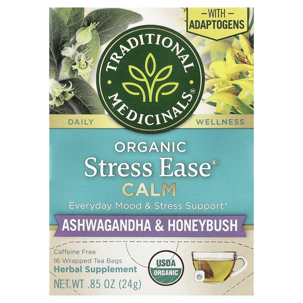 Traditional Medicinals, Organic Stress Ease® Calm, Ashwagandha & Honeybush, Caffeine Free, 16 Wrapped Tea Bags, 0.85 oz (24 g)