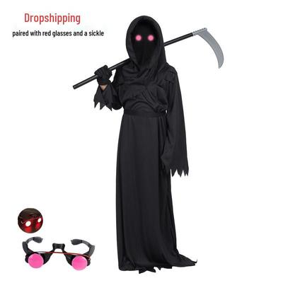 Children's Grim Reaper Costume with Scythe and Glowing Red Eyes for Halloween