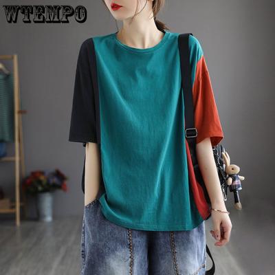 Maglietta a maniche corte 100% cotone da donna, estiva, in cotone, di grandi dimensioni, con contrasto di colore, stile vintage, da donna