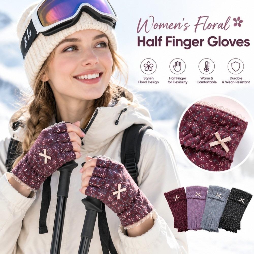 Women's Fit Half Finger Gloves Floral Pattern Touchscreen Gloves Soft Warm Gloves Writing