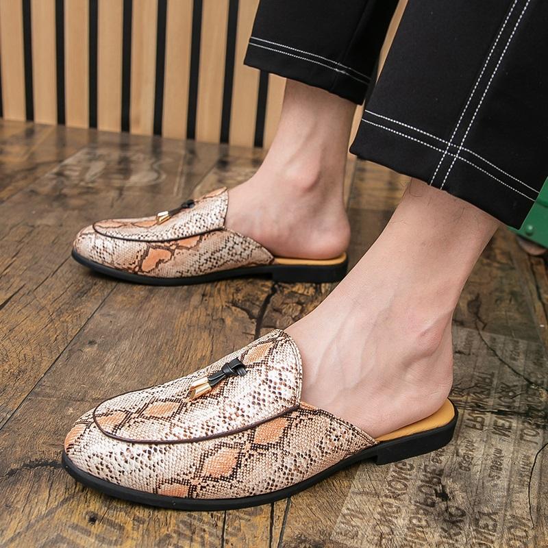 New Men's Snakeskin Pattern Half Slippers Driving Shoes Male Casual Mules Moccasins Breathable Loafers Zapatos Hombre
