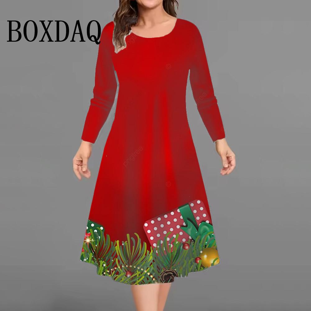 Winter Christmas Party Dress Autumn Women Long Sleeve A-Line Dresses Women Christmas Snowflakes Casual Plus Size Dress