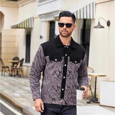 Men's Long Sleeve Jacket Marble Pattern Contrast Panel Button Front Casual Shirt Collar Outerwear