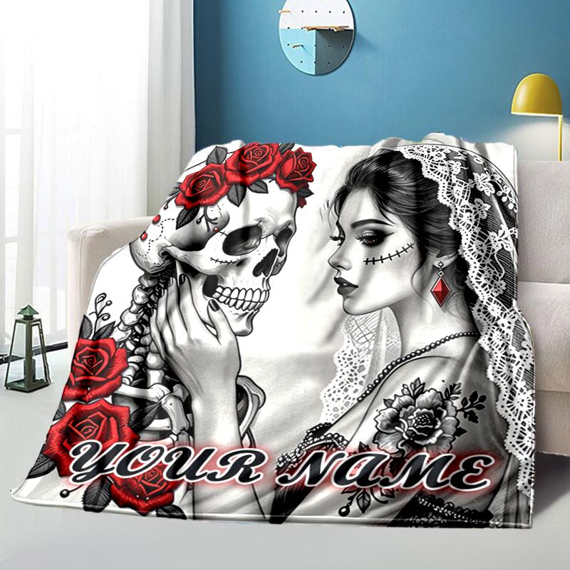 1PC Custom Name Day Dead Romance flannel blanket versatile,all-season throw suitable for the living room,bedroom,camping,travel,and gift