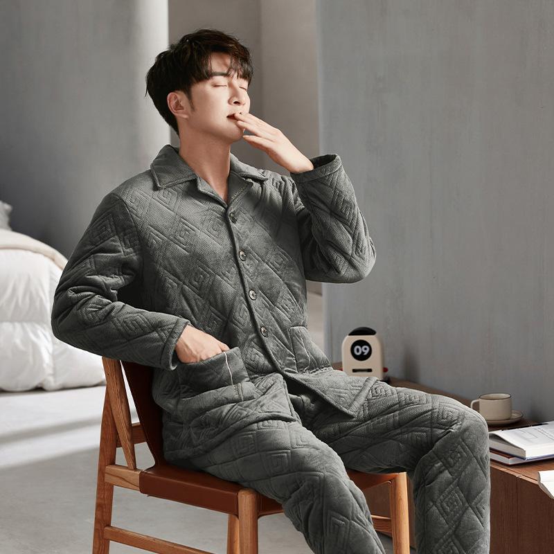 

Мужская пижама Осень и Зима 2024 Флис Тонкий Коралловый флис Трехслойный Утепленный Комплект Домашней одежды Можно Носить Снаружи 3XL