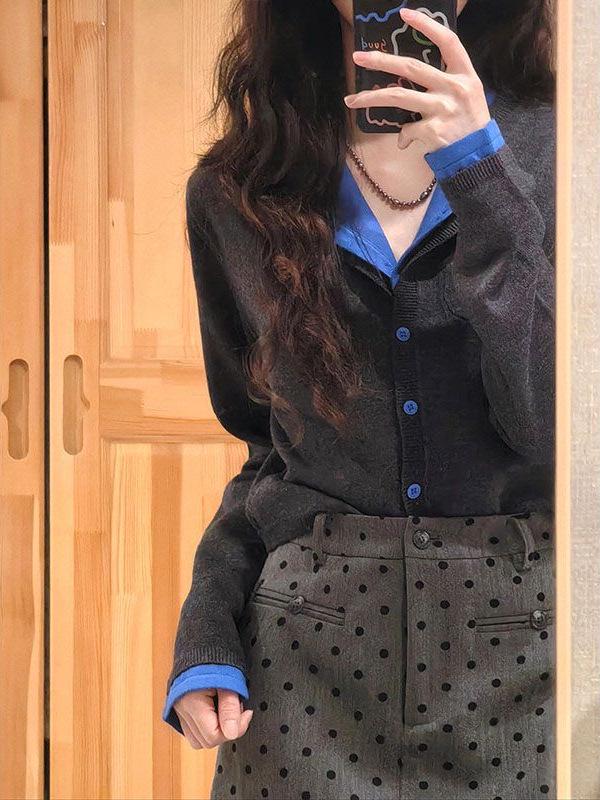 Women's New Arrival Retro Color Block Two-Piece Look Cardigan T-shirt - Early Autumn Casual Short Top