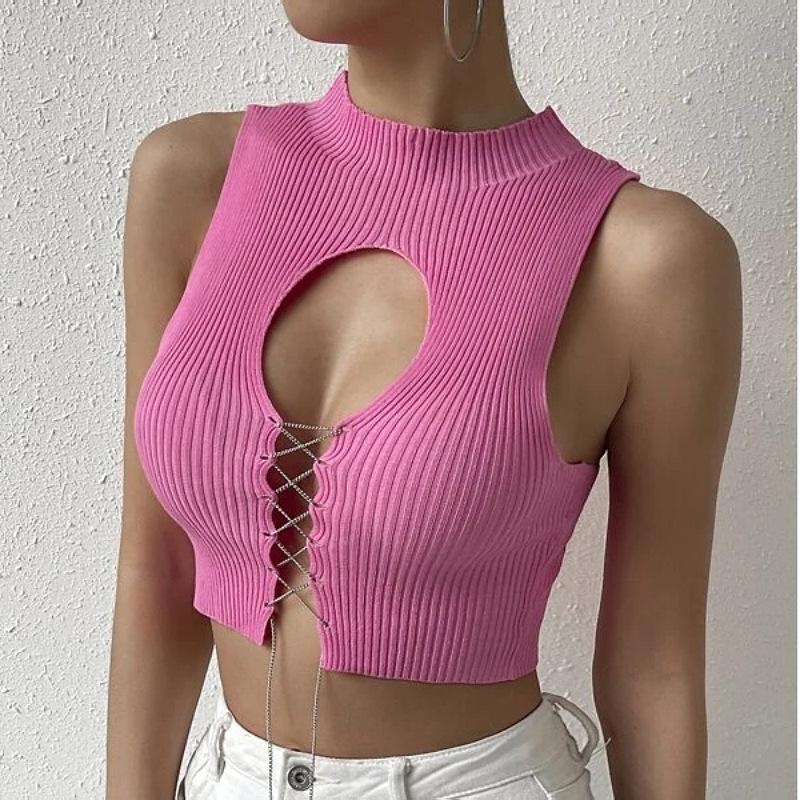 Women Crochet Knit Tank Top Y2K Hollow Out Button Down Sweater Vest Sleeveless V Neck Knitted Crop Top Streetwear