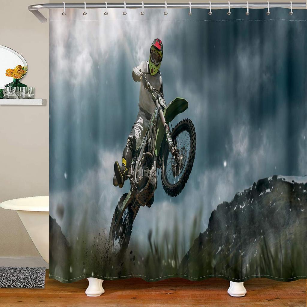 Dirt Bike Shower Curtain Boys Bathroom Bathtubs Motocross Rider Extreme Sports Bath Mountain Curtains Polyester Perfect For