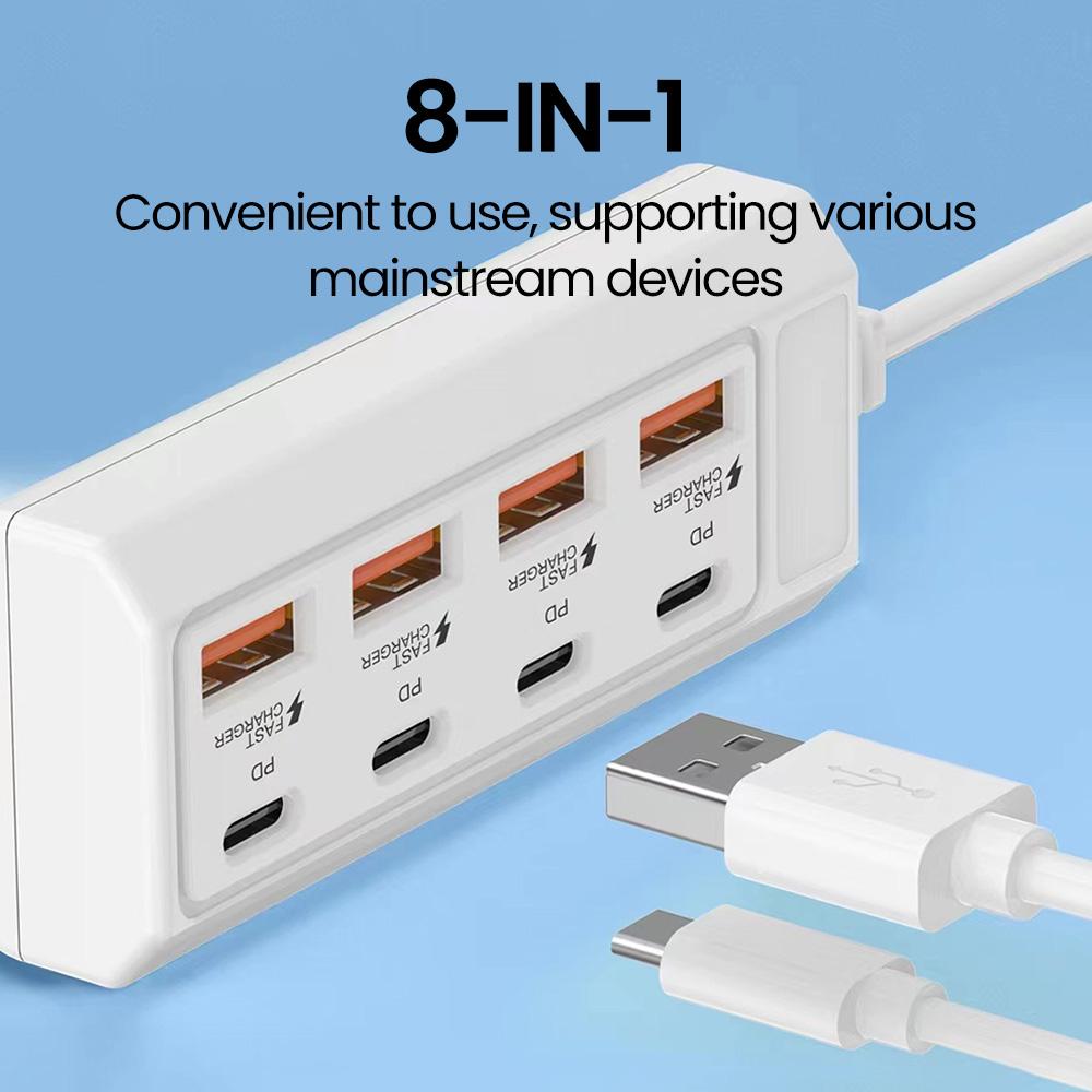 8-ports 25W USB C PD-laderstasjon Skjøteledning Elektrisk kontakt Hurtiglading Veggladeradapter For iPhone Xiaomi Samsung