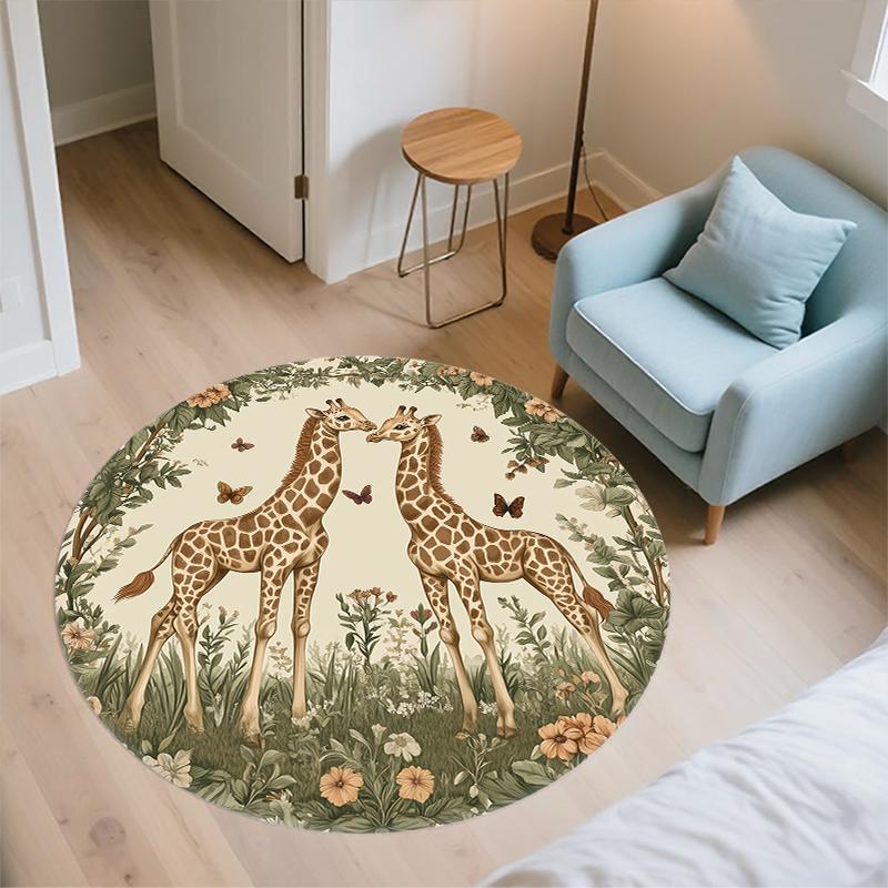 Runder Teppich mit Giraffen- und Kranzmuster, Teppich für Wohnzimmer, Schlafzimmer, Sofa, Spielzimmer-Dekor, Rutschfeste Bodenmatte, Feiertagsgeschenke und Geburtstagsgeschenke