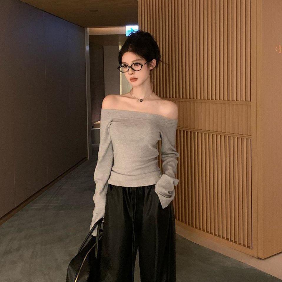 

Чистый и Желанный Шик Свитер с Открытыми Плечами и Длинными Рукавами в Корейском Стиле Облегающий для Женщин One Size серый