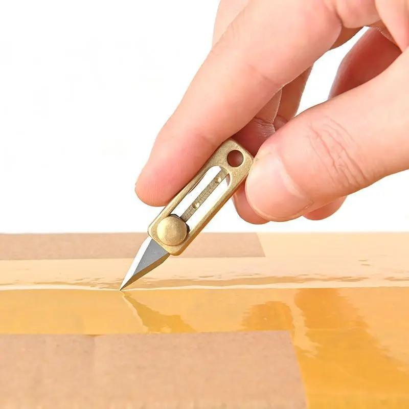 Brass Mini Sharp Knife Creative Retractable Box Opener Portable Keychain Pendant for Express Parcel Unpacking Daily Accessory