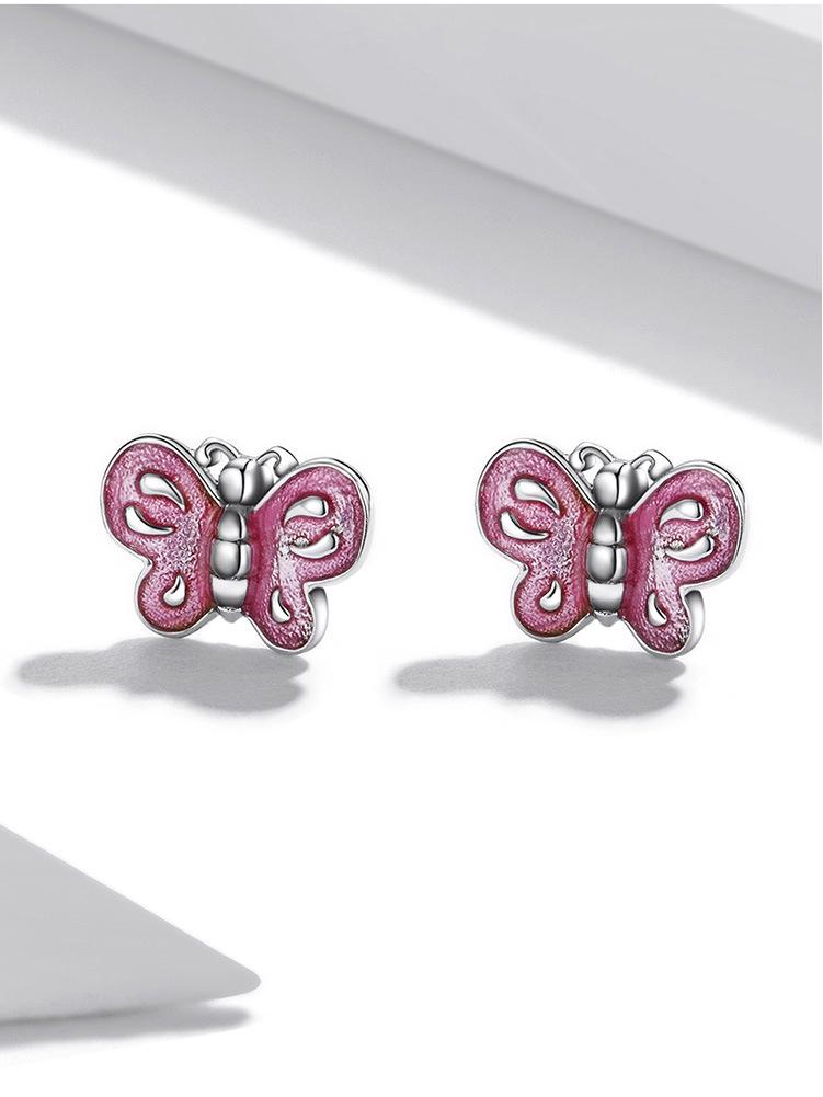 Aifle Sterling Silver S925 Pink Butterfly Earrings with Platinum-Plated Oil-Drop Design