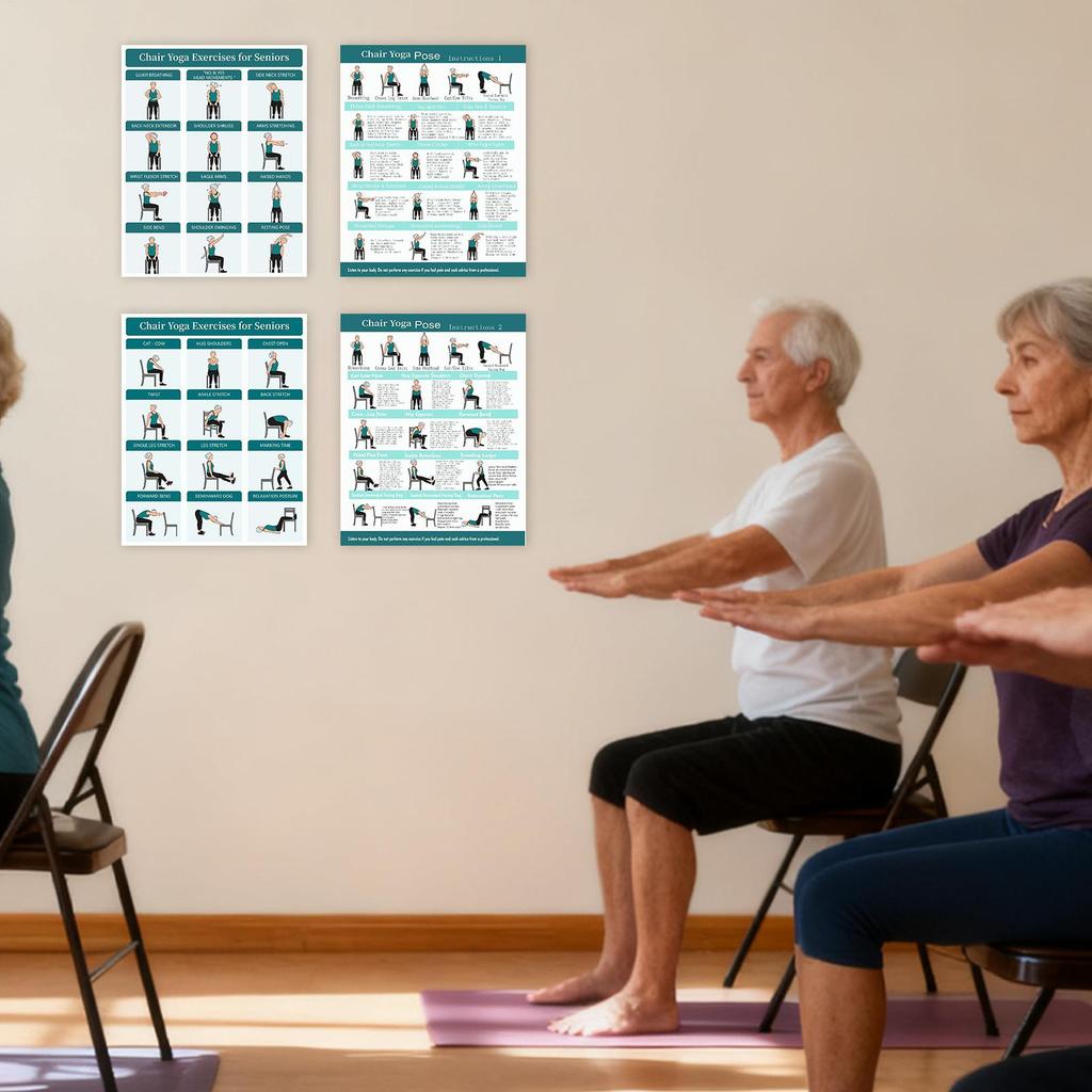 Stuhl Yoga Chart Illustrierte Haltungskarten 4 Stück Yoga Sitzendes Workout Poster Für Senioren Anfänger Fitness Flexibilität Mobilität