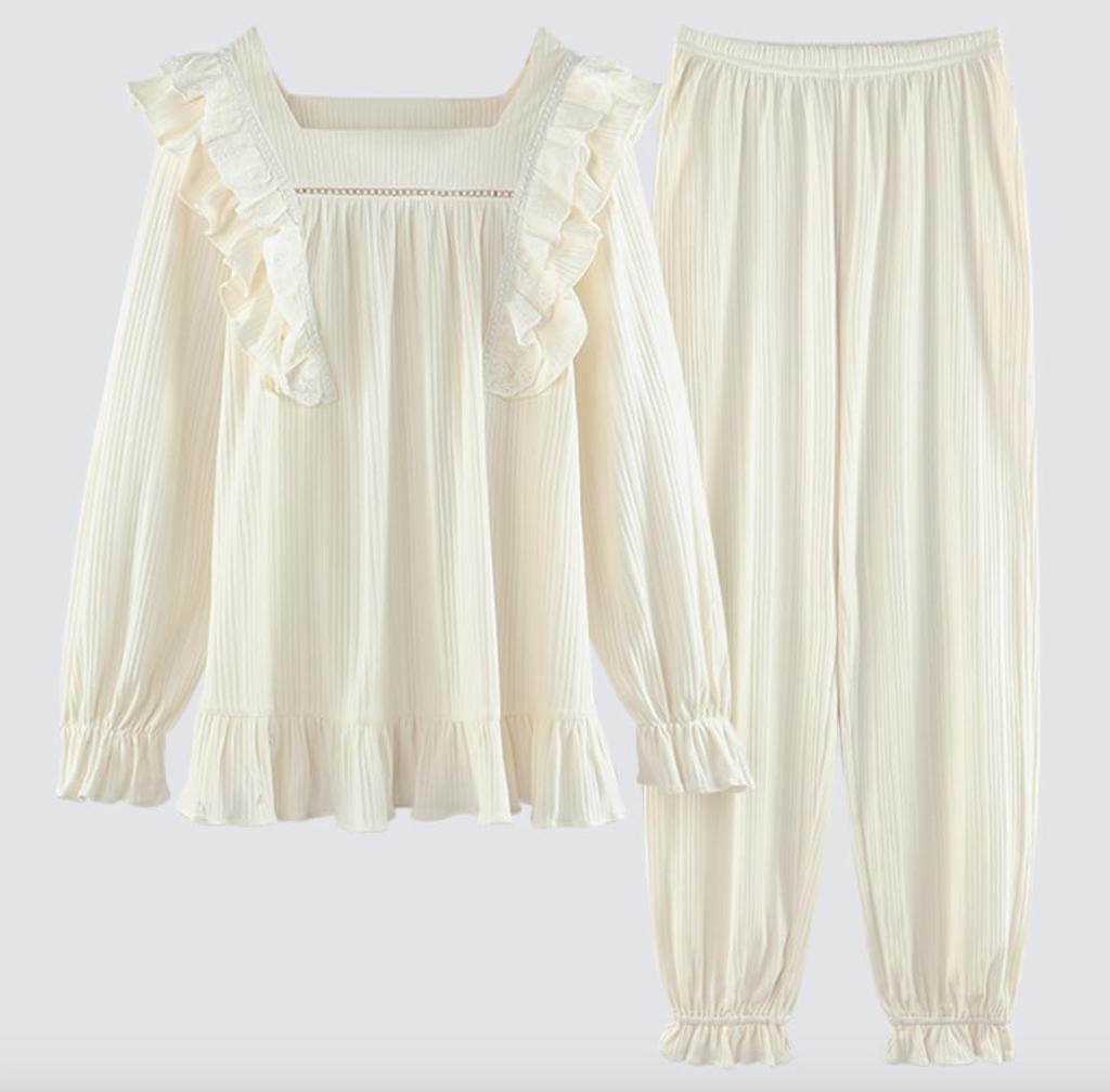 Lolita Long Sleeve Pajama Set Pants White Cosplay Ruffles White [Lady Lazy] (L)