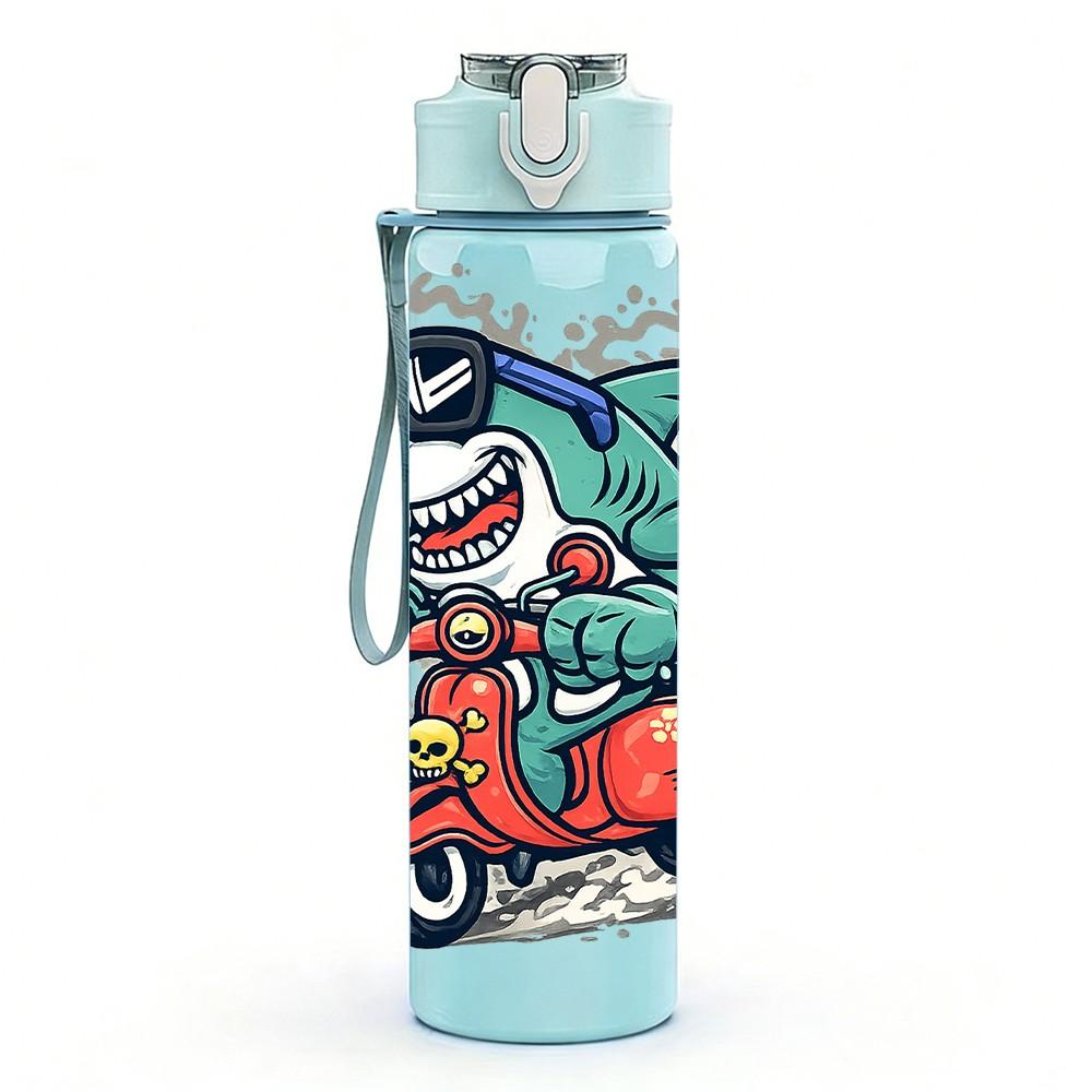 1PC Cool Fox Riding Motorcycle Cartoon Print 750ml Color Plastic Sports Water Bottle Leakproof Flip Straw Lid Suitable for Sports Office Home Use