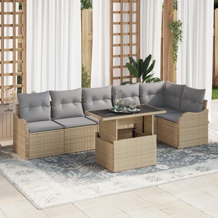 7-piece Garden Sofa Set with Beige Cushions Poly Rattan 3348476