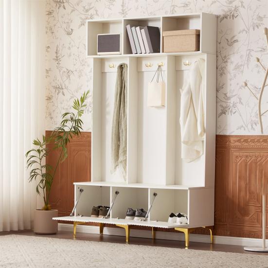 Wardrobe Set with Bench, Multifunctional Storage Bench, Open Storage, 6 Golden Hooks And Feet, Suitable for Hallway, Living Room, White