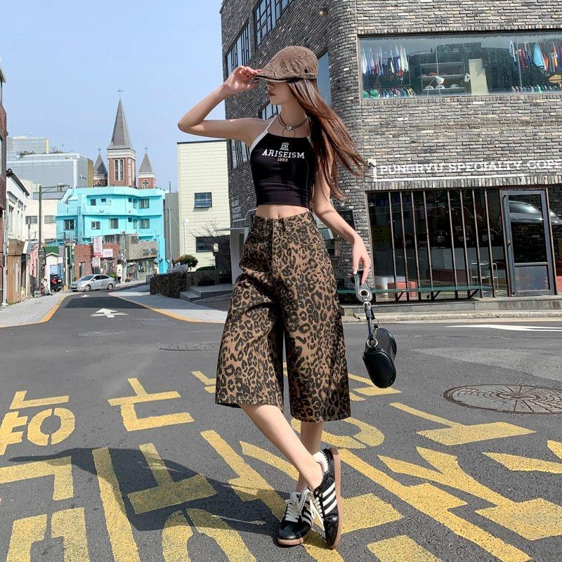 Gedijie leopard print wide leg denim shorts, women's high waisted versatile casual loose straight leg pants