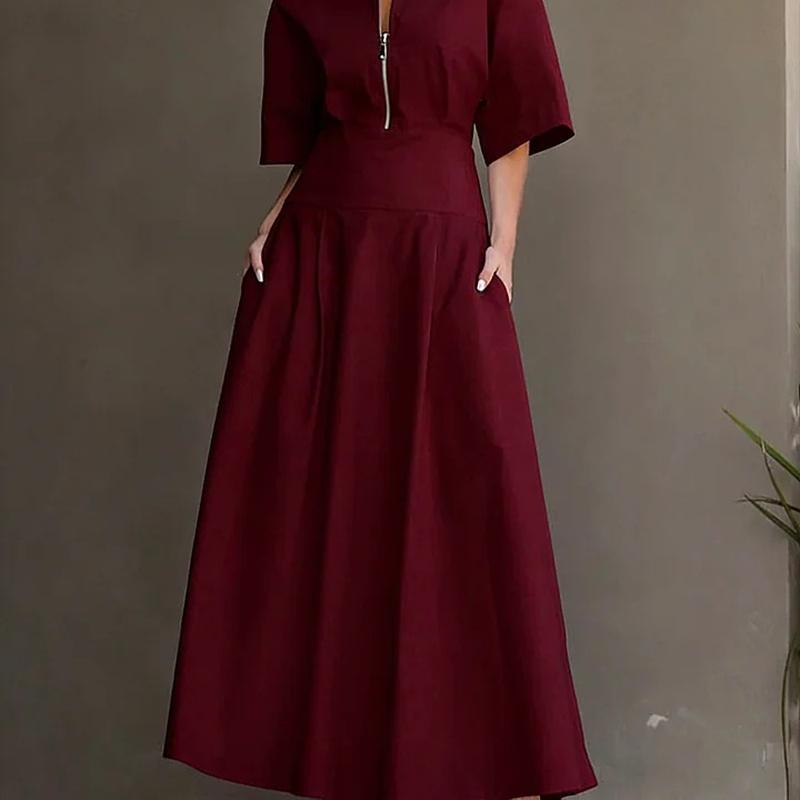 Women s Fashion Casual Short Sleeve Dress, Long A-Line Solid Color, Western Style L