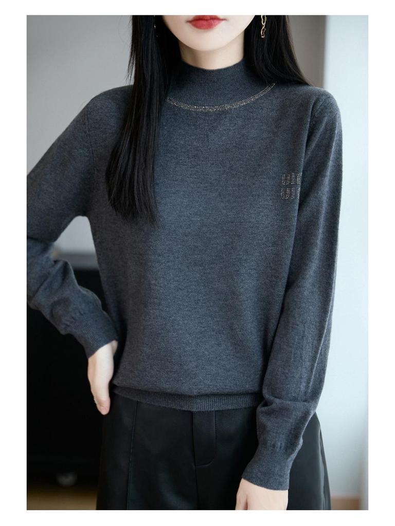 Autumn/Winter Rhinestone Semi-High Neck Knitted Sweater Top for Women