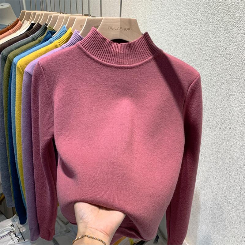 Half High Neck Velvet Pullover Sweater Women Autumn and Winter Thick Plush Warm Base Knitted Women Sweaters Vintage Slim Fit Casual Knit Jumpers 25271