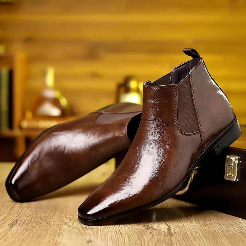 Leather Chelsea Boots Men's Spring Autumn High Top Pointed Toe Soft Leather Breathable Short Boots Casual Slip-On Shoes