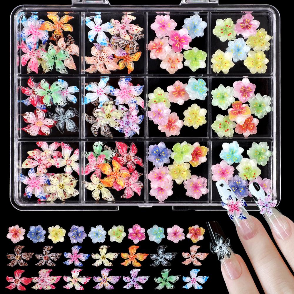 12Grids Mixed Colors 3D Carved Ice Crystal Flower Nail Charms Resin 3D Lily Flower Rhinestones for Luxury Manicure Decoration