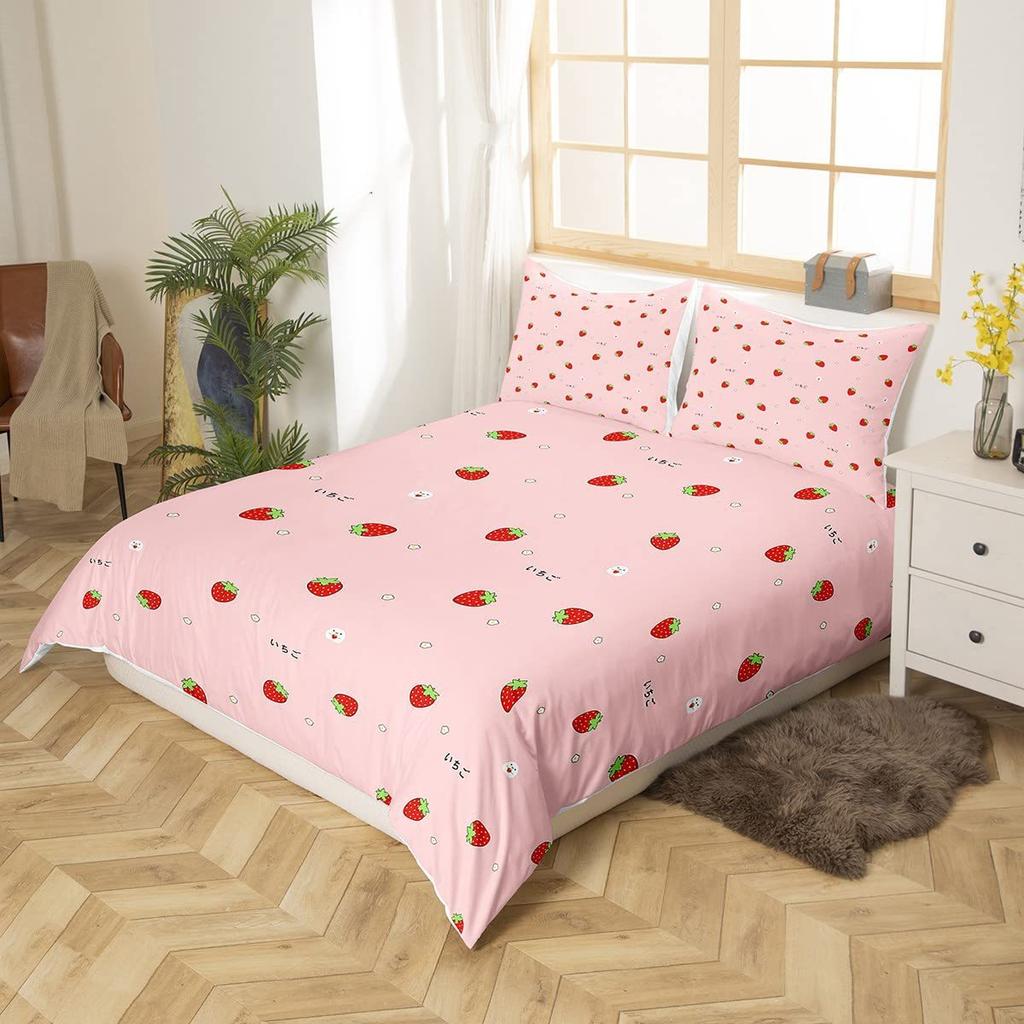 Strawberry Pink Duvet Cover Cute Fruit Print Bedding Three-piece Set Girl Room Decoration