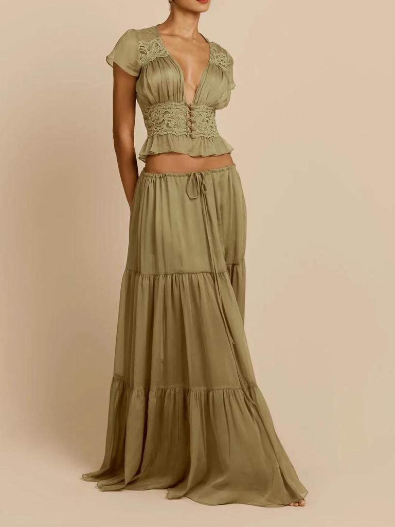 Europäisches & Amerikanisches Damen Sexy V-Ausschnitt Taillenbetonendes Oberteil + Kordelzug Langes Rock Urlaubs-Set