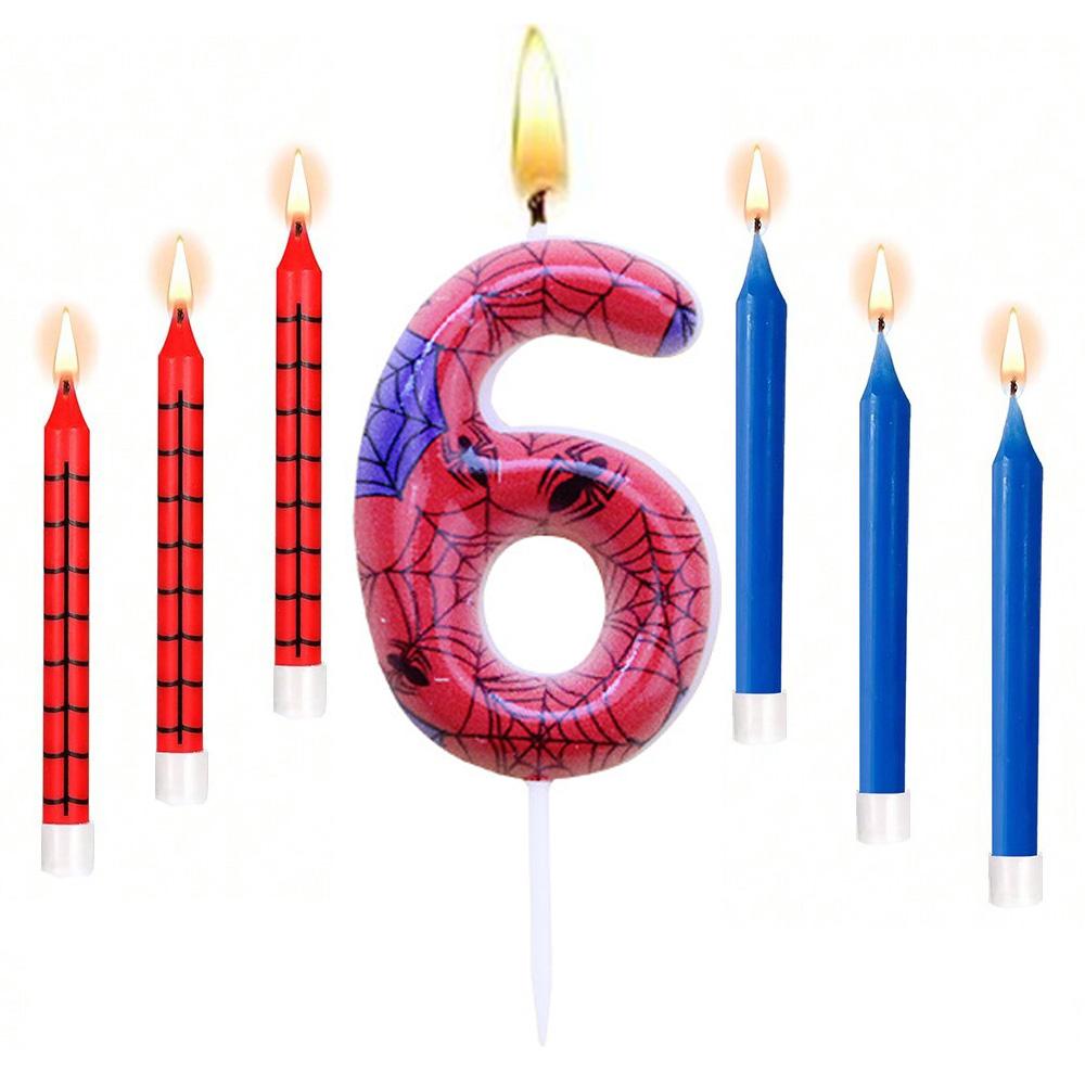 7pcs Red Blue Spider 8th Birthday Number Candles, Number 0-9 Candle Cake Topper Decorations for Spider Cartoon Themed Parties