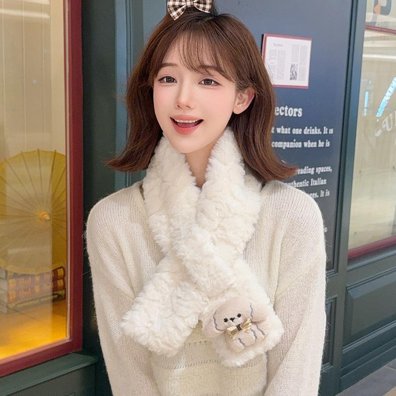 Puppy bow plush scarf female rounded corner embossed girl autumn and winter scarf Korean version student warm neck cover scarf