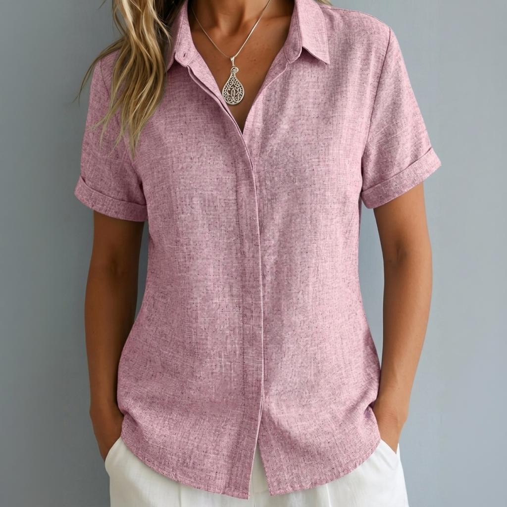Women Short Sleeve Button Down Shirt Collared Casual Loose Fit Imitation Linen Blouse Lightweight Summer Top for Daily Wear