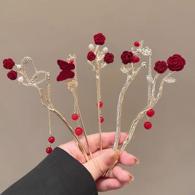 1Pc Rose Flower Exquisite Hairpin Retro Butterfly Gift Red Series Fashion Hair Accessory Tassel