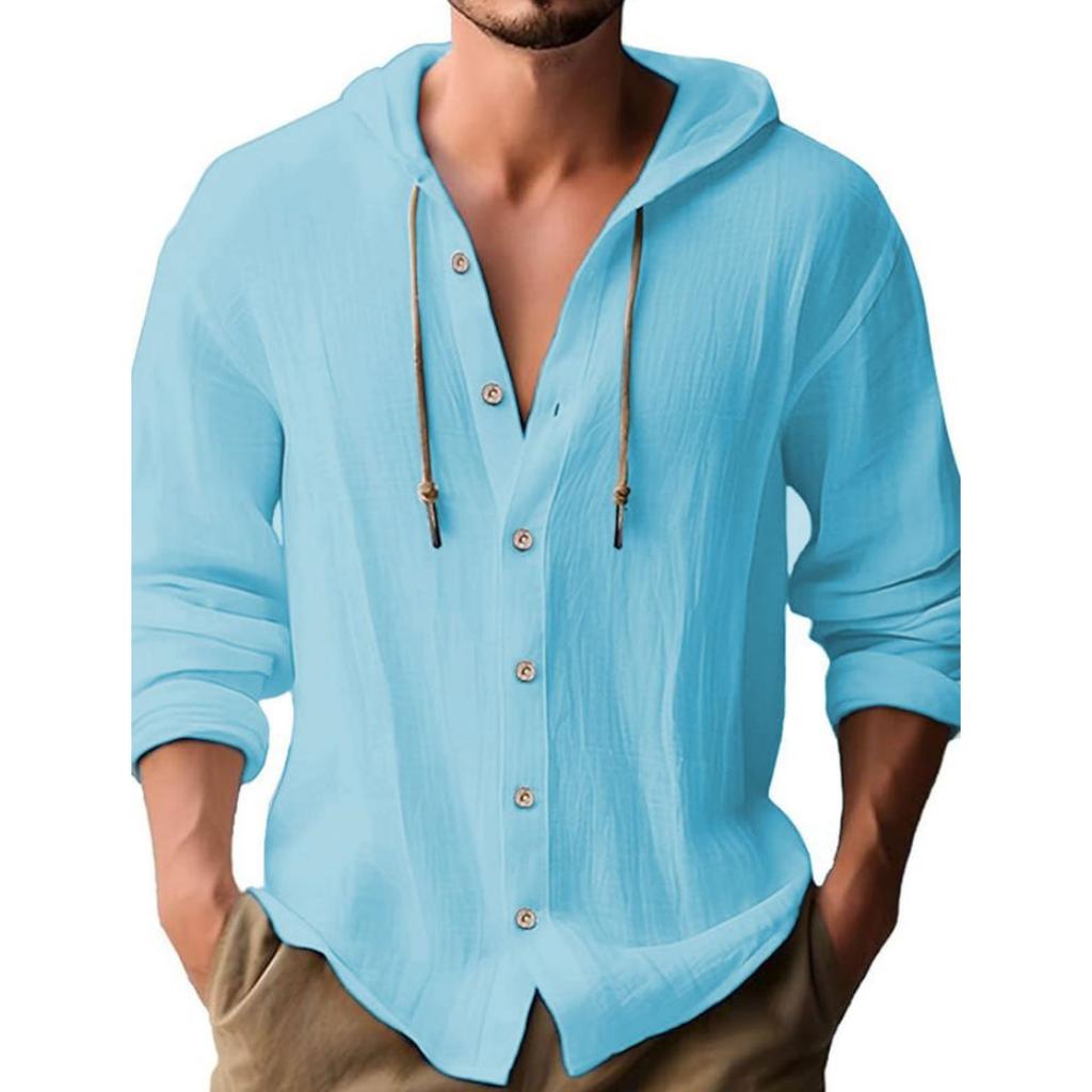 Casual Solid-Color Hooded Long-Sleeved Button-Up T-Shirt In Cotton and Linen Blouses