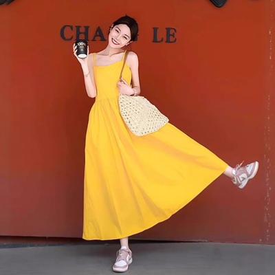 Damen gelbes ärmelloses Kleid, perfekt für Sommer-Strandurlaubsfotos; stilvolles Maxikleid