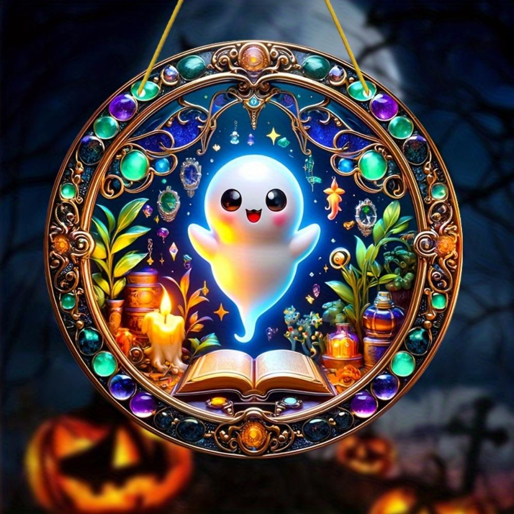 Halloween Acrylic Flat 2D Decoration with Cartoons, Witch Hats and Colorful Flower Pendants - Gifts for Family , for Homes, Gardens and Courtyards