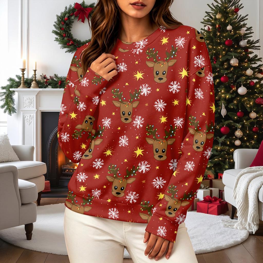 Women's Casual Long Sleeve Christmas Print Neck Pullover Sweatshirt