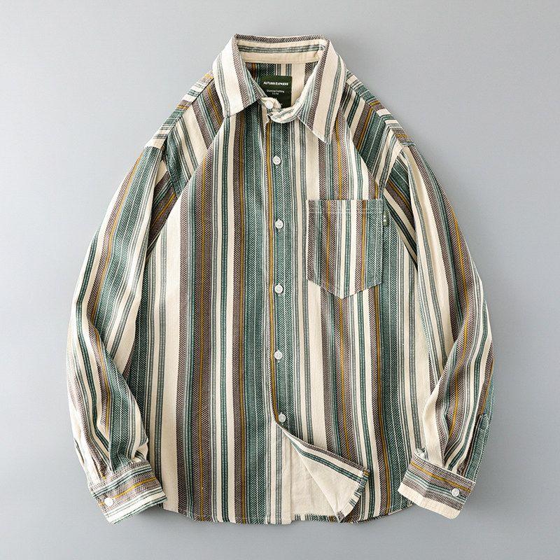Japanese Style Corduroy Stripes Shirt Men s Pure Cotton Long Sleeves Casual Outwear Export Export Tail Single Men s Clothing Cotton Shirt Green Bar L