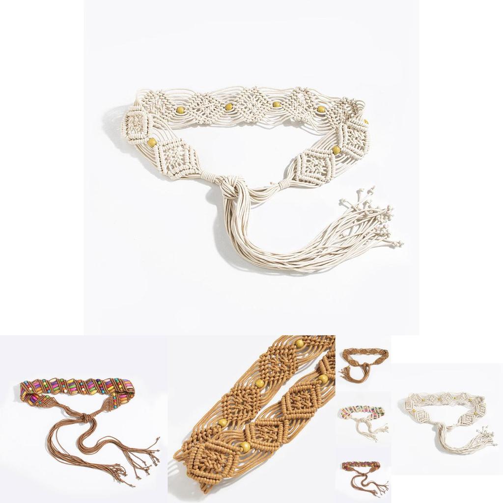 Bohemian Style Fabric Waist Belt With Handwoven Beads For Summer Vacation Wear Women