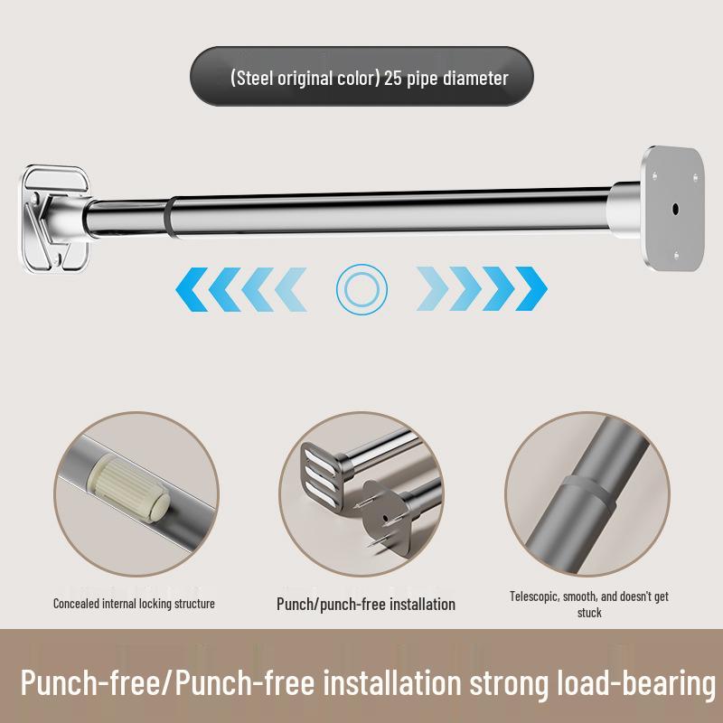 Regulowany, beznarzędziowy, wysuwany drążek ze stali nierdzewnej na ubrania i zasłonę prysznicową