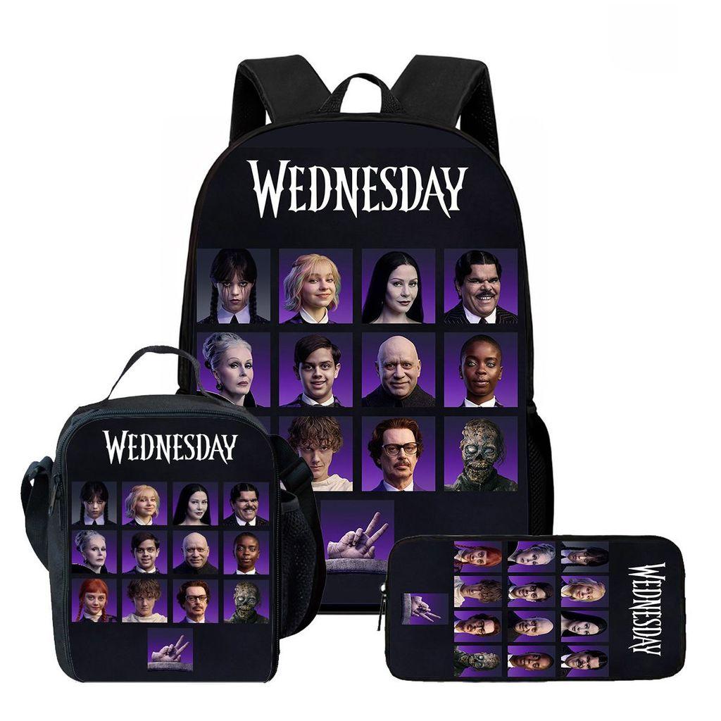 Wednesday Backpack Lunch Bag Pen Case Set With Geometric Pattern For Daily Use
