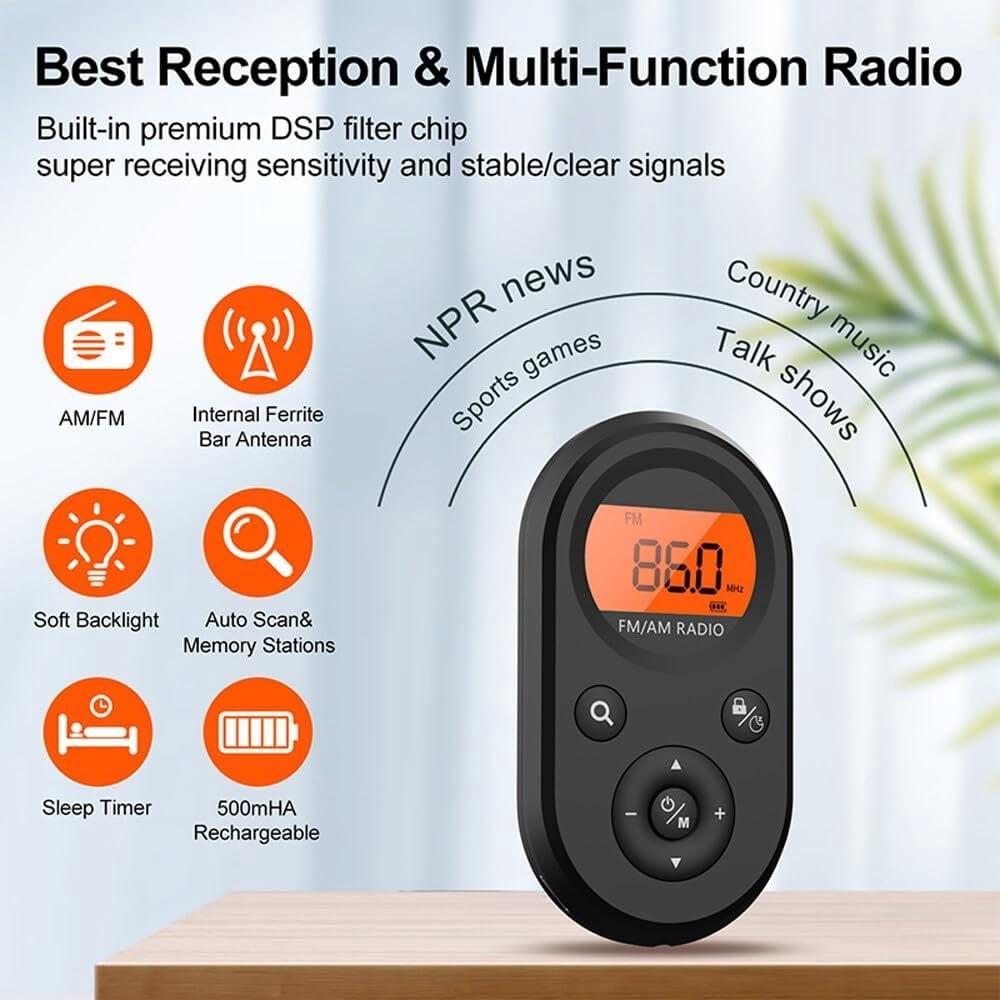 Mini Pocket AM/FM Radio Battery-Powered Stereo Radio with Display Backlight and Headphones